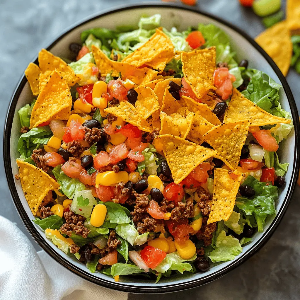 Add a fun twist to your next gathering with this Doritos Taco Salad! Packed with crunchy Doritos, seasoned beef, fresh veggies, and zesty ranch dressing, this easy and delicious recipe is perfect for potlucks or family dinners. Save this pin to enjoy a burst of flavor at your next event!