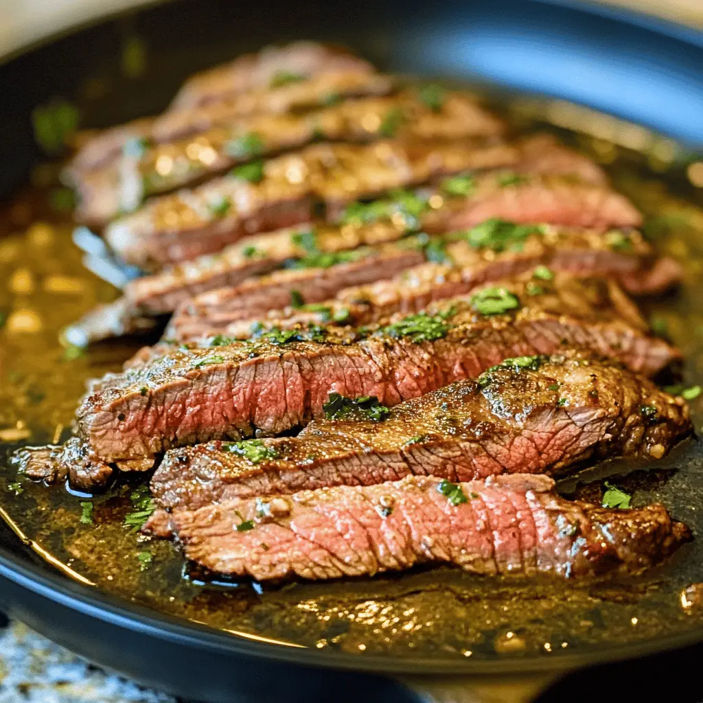Bring the flavors of a steakhouse right into your kitchen with this Garlic Butter Skillet Flank Steak recipe! Juicy flank steak seared to perfection and tossed in a luscious garlic butter sauce makes for a dinner treat. Perfect for weeknights or special occasions, save this recipe to impress your family and friends with a deliciously easy meal!