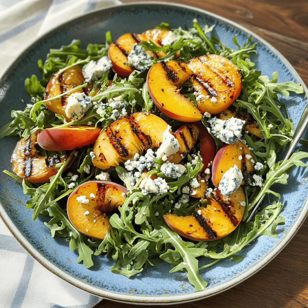 Fresh grilled peaches, peppery arugula, and creamy blue cheese make this salad a must-try! The sweet and savory combination is perfect for summer barbecues or light dinners. Easy to prepare, it brings vibrant flavors to your table. Save this recipe for your next gathering or a refreshing weeknight meal!