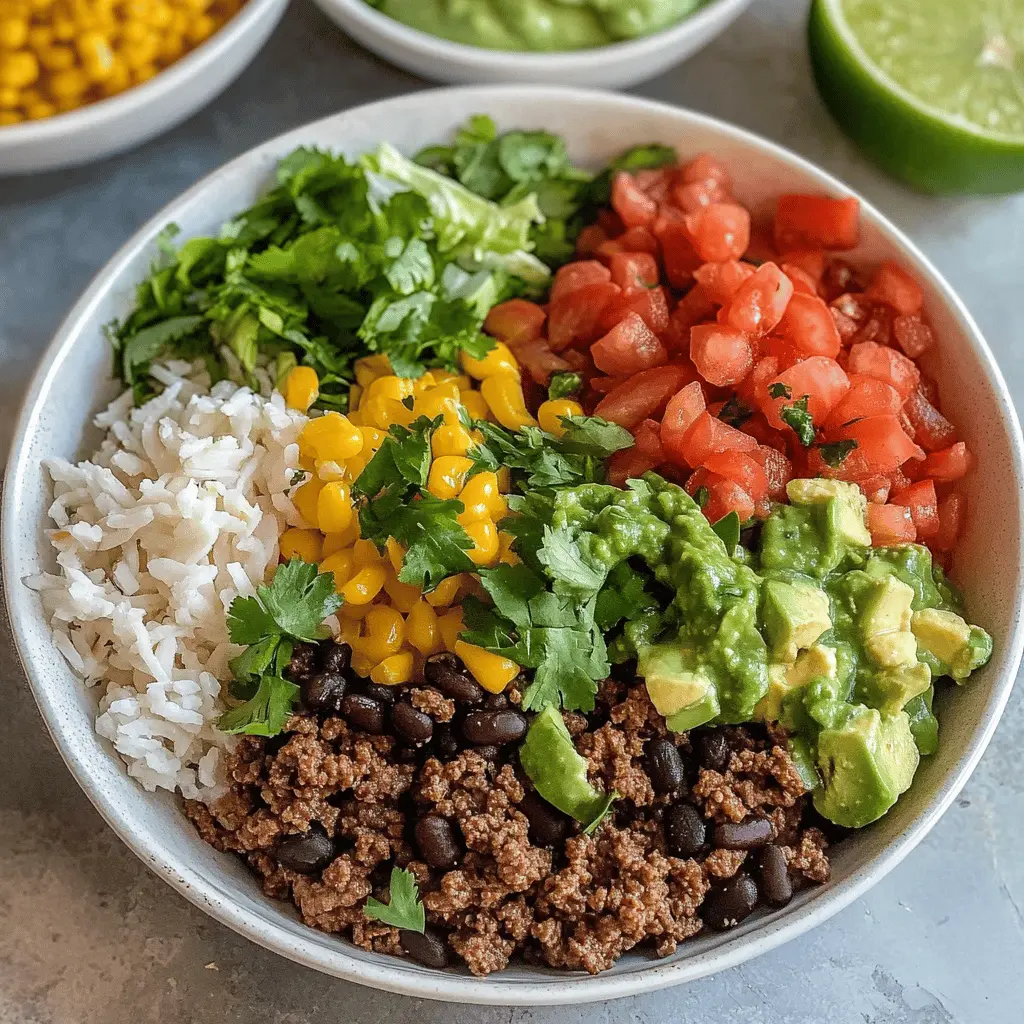 This Ground Beef Burrito Bowl is a simple and delicious meal full of vibrant flavors! Packed with seasoned ground beef, fresh veggies, and your favorite toppings, it’s a perfect weeknight dinner or a fun meal prep option. Save this recipe for an easy, satisfying dish that everyone will enjoy, whether it's Taco Tuesday or just a busy night in!
