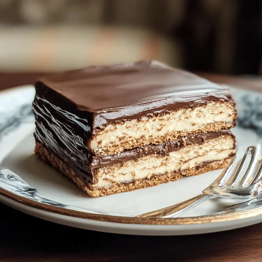 This No-Bake Chocolate Eclair Cake is a deliciously easy treat that combines layers of graham crackers, creamy vanilla filling, and rich chocolate ganache. Perfect for warm days when you want a dessert without turning on the oven! Save this recipe for your next gathering or a cozy family night. It's sure to impress everyone!
