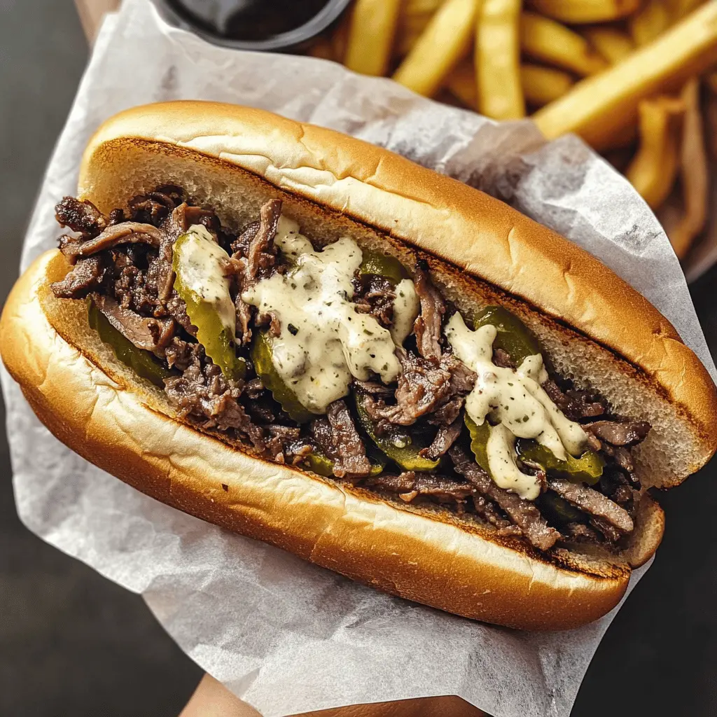 Treat yourself to the ultimate Philly cheesesteak! This classic sandwich features tender beef, melted cheese, and sautéed onions on a fresh hoagie roll. Perfect for game day or a satisfying weeknight dinner, you'll want to save this recipe for those comforting cravings! Experience the rich flavors and hearty goodness that make this dish a beloved favorite.