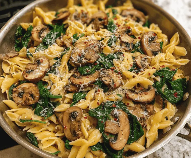 Easy Parmesan Spinach Mushroom Pasta Skillet