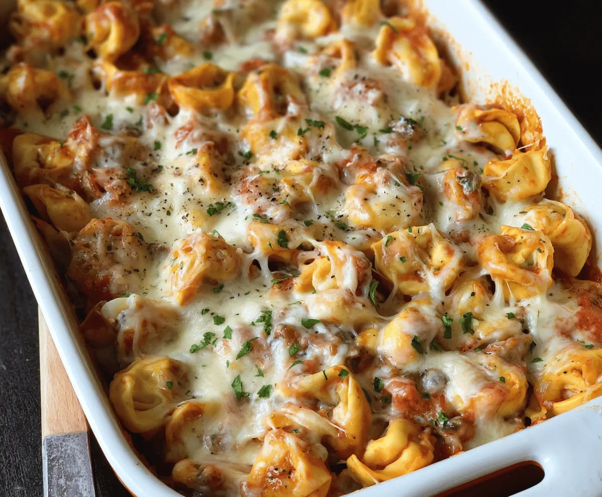 Creamy Alfredo Tortellini Bake topped with melted cheese and fresh herbs, ready to serve as a delicious Italian-inspired casserole