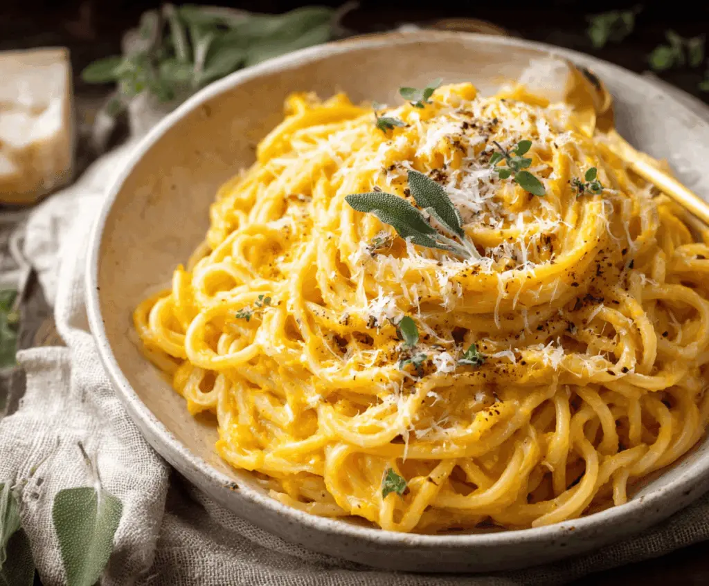 Creamy butternut squash pasta sauce served over al dente noodles, garnished with fresh herbs for a healthy, vegan-friendly meal.