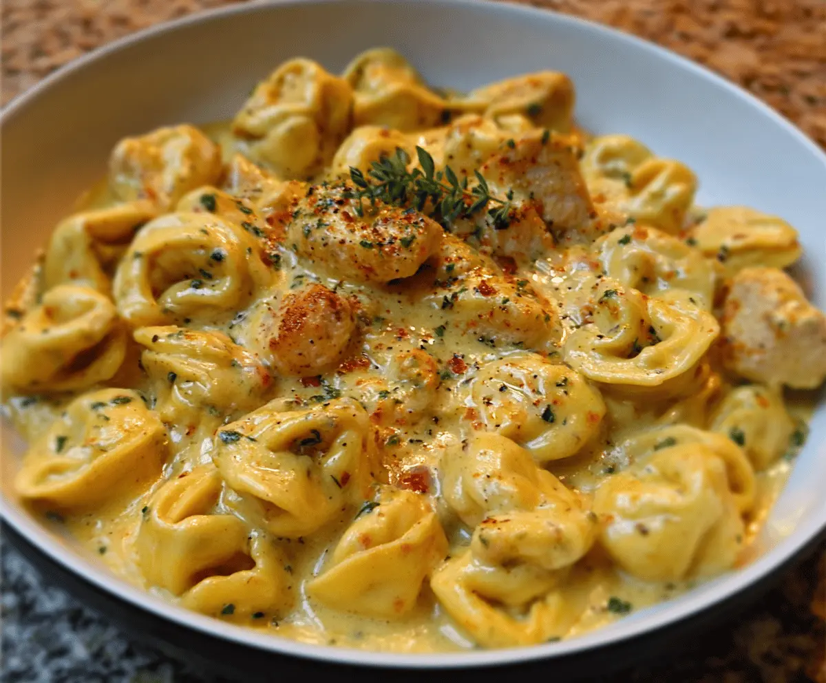 Creamy Cajun Garlic Chicken Tortellini topped with melted cheese and fresh herbs in a white bowl, featuring tender pasta, spicy seasoned chicken, and rich three-cheese cream sauce.