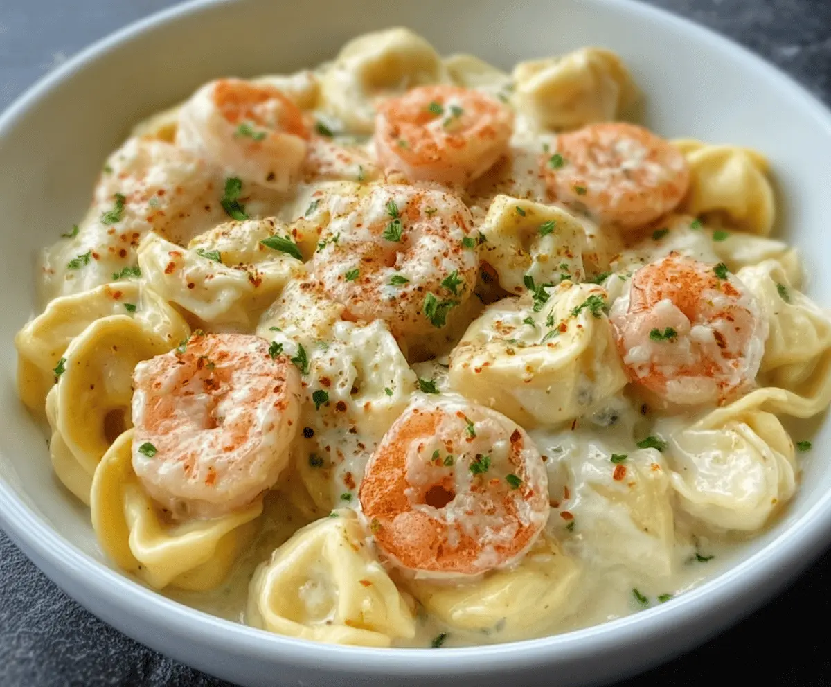 Creamy shrimp and tortellini pasta topped with Alfredo sauce, garnished with fresh herbs in a close-up image of the delicious seafood tortellini dish.