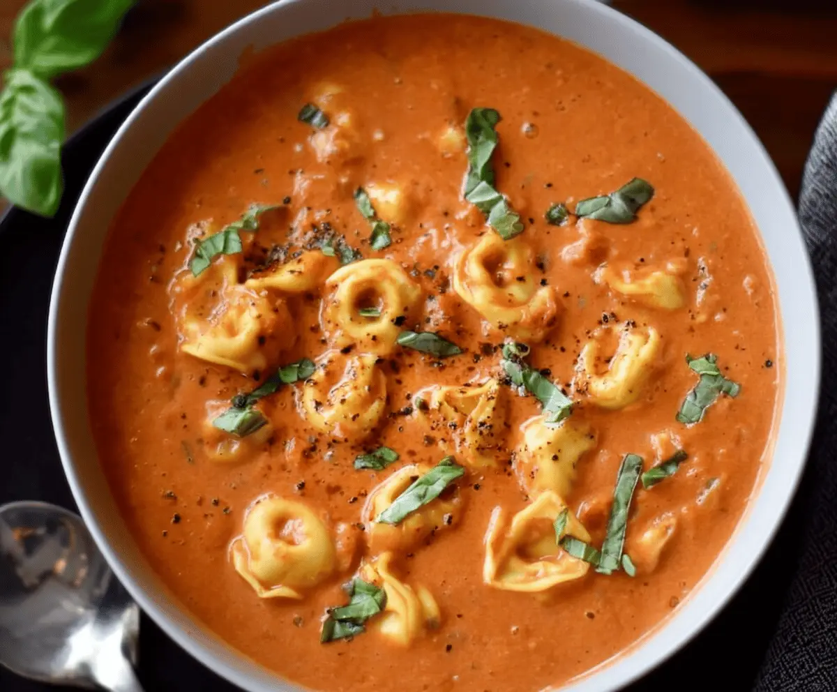 A bowl of creamy tomato basil tortellini soup garnished with fresh basil leaves, showcasing colorful tortellini pasta, diced tomatoes, and a rich, cheesy broth.