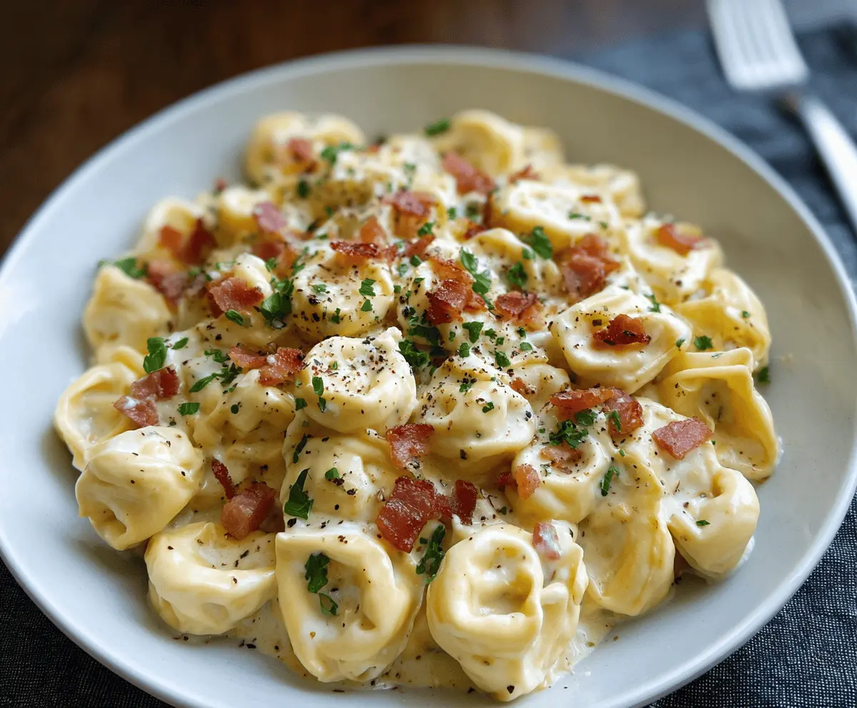 Creamy Tortellini Carbonara dish with bacon, Parmesan cheese, and fresh herbs served on a white plate