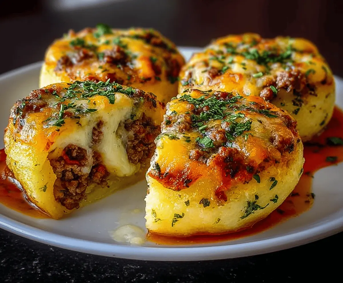 Crispy mashed potatoes stuffed with melted cheese and savory beef filling, served hot on a plate