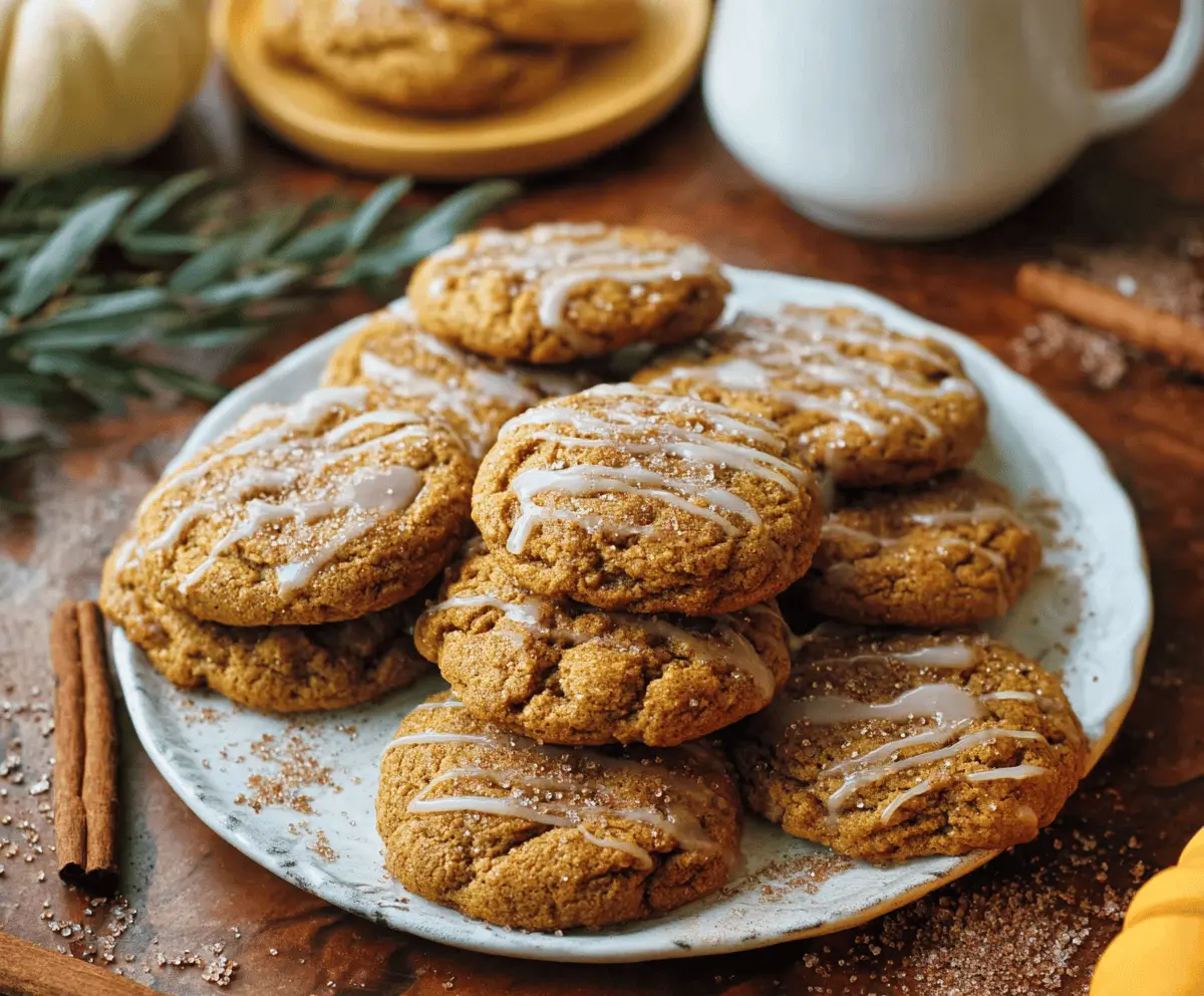 Delicious homemade maple pumpkin cookies topped with a drizzle of maple glaze and a sprinkle of cinnamon, perfect for fall dessert cravings.