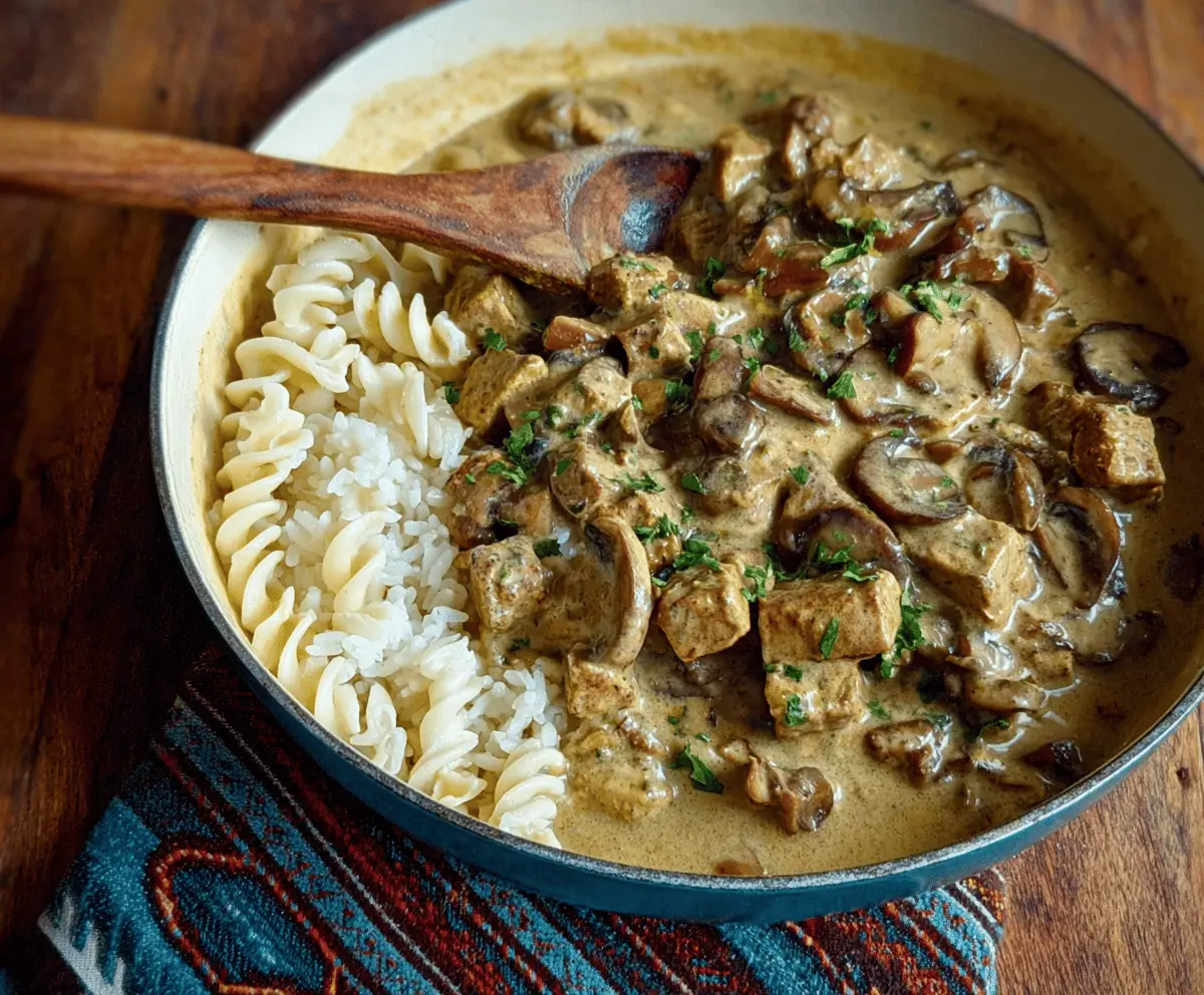 Creamy mushroom and seitan stroganoff served in a bowl with fresh herbs, showcasing a hearty vegan comfort food dish.