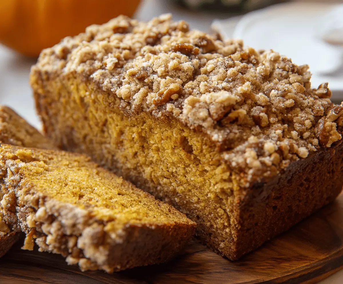 Golden Pumpkin Streusel Bread topped with crunchy cinnamon streusel and a swirl of pumpkin puree, perfect for fall baking.
