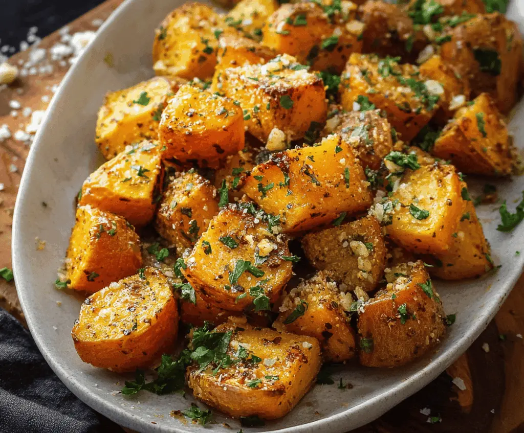 Delicious roasted sweet potatoes topped with garlic and Parmesan cheese on a serving plate, highlighting a healthy and flavorful side dish.