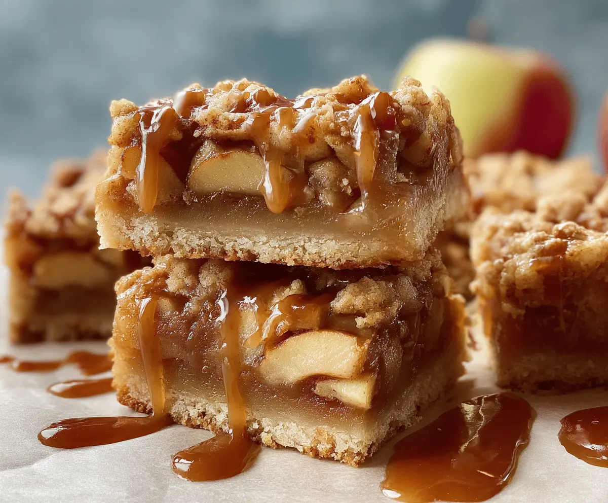 Delicious salted caramel apple bars with a golden crust, gooey caramel, sliced fresh apples, and a sprinkle of sea salt on top, perfect for fall dessert.