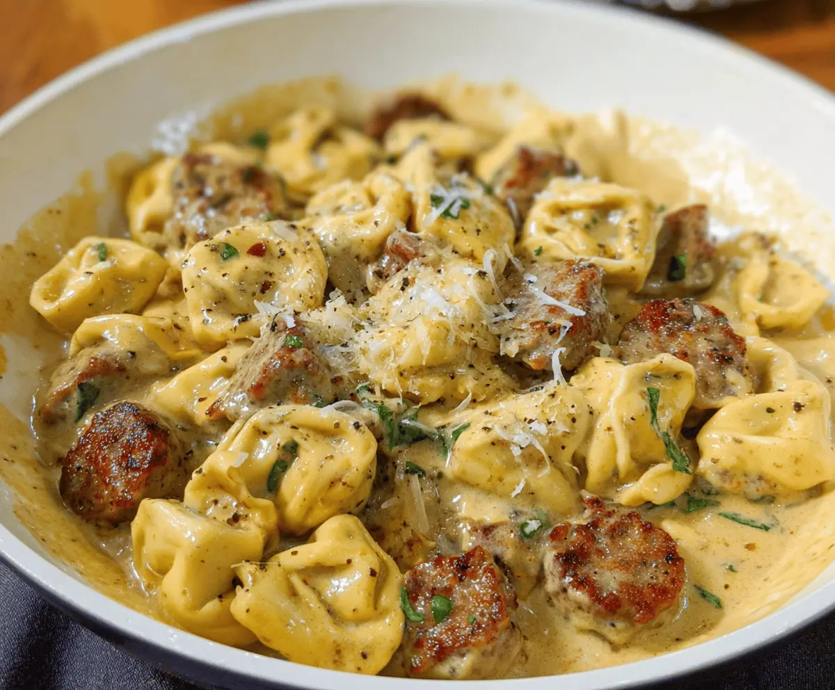 Creamy sausage and cheese tortellini alfredo dish topped with fresh herbs, perfect for a delicious comfort meal.