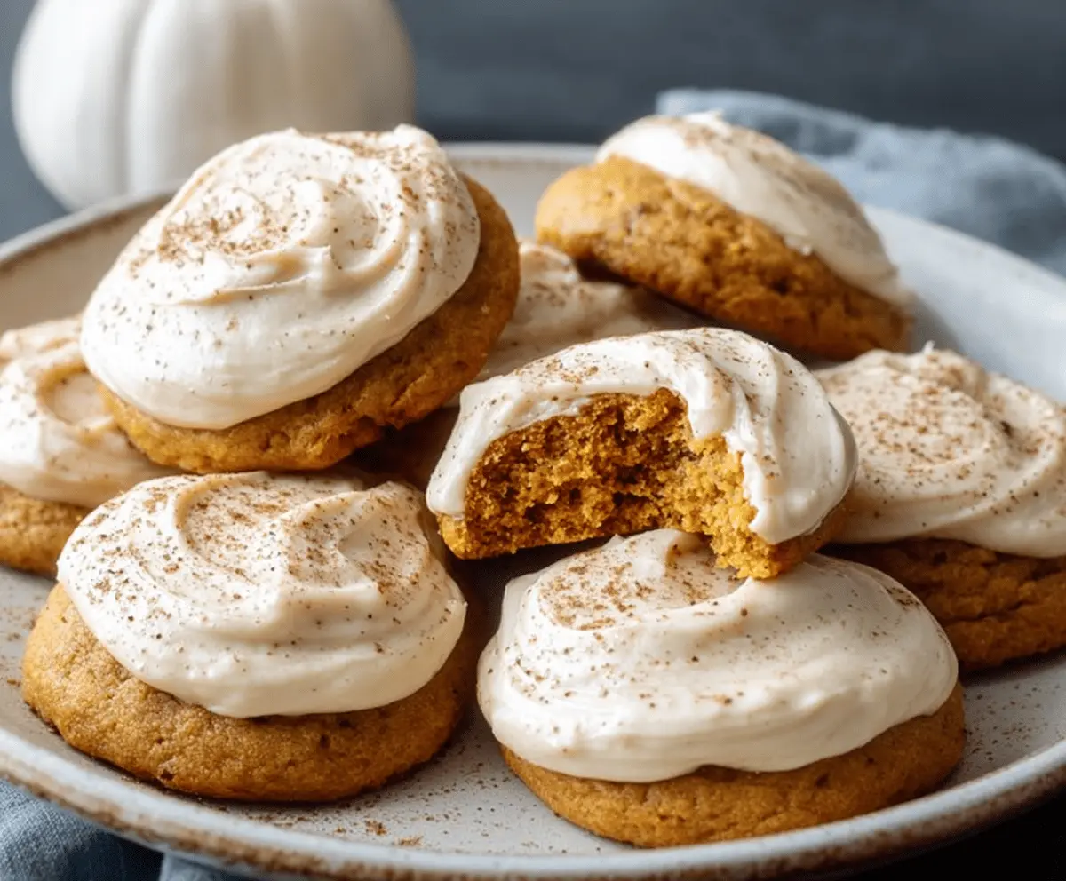 Delicious soft pumpkin cookies topped with creamy cinnamon frosting on a white plate, perfect for fall desserts