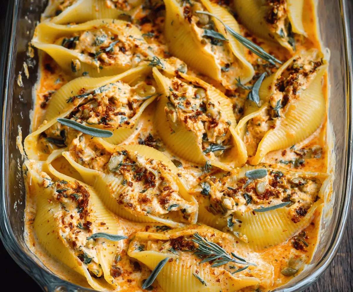 Vegan pumpkin ricotta stuffed pasta shells garnished with fresh herbs on a white plate, delicious and plant-based fall dinner option