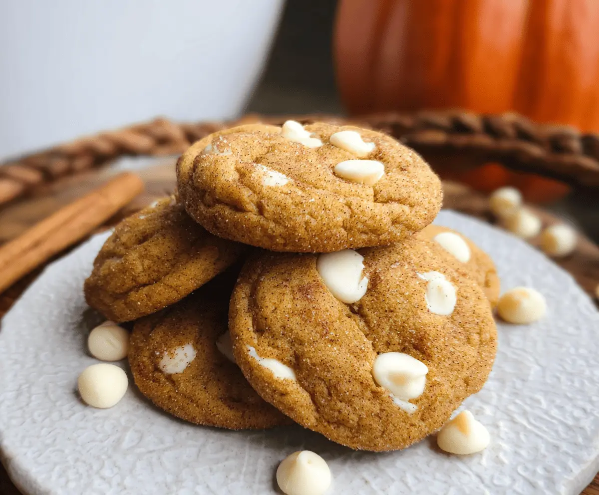 Creamy white chocolate pumpkin snickerdoodles topped with cinnamon sugar, perfect for fall baking.