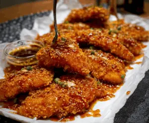 Baked crunchy hot honey chicken served on a plate with a crispy coating and drizzled with spicy honey glaze