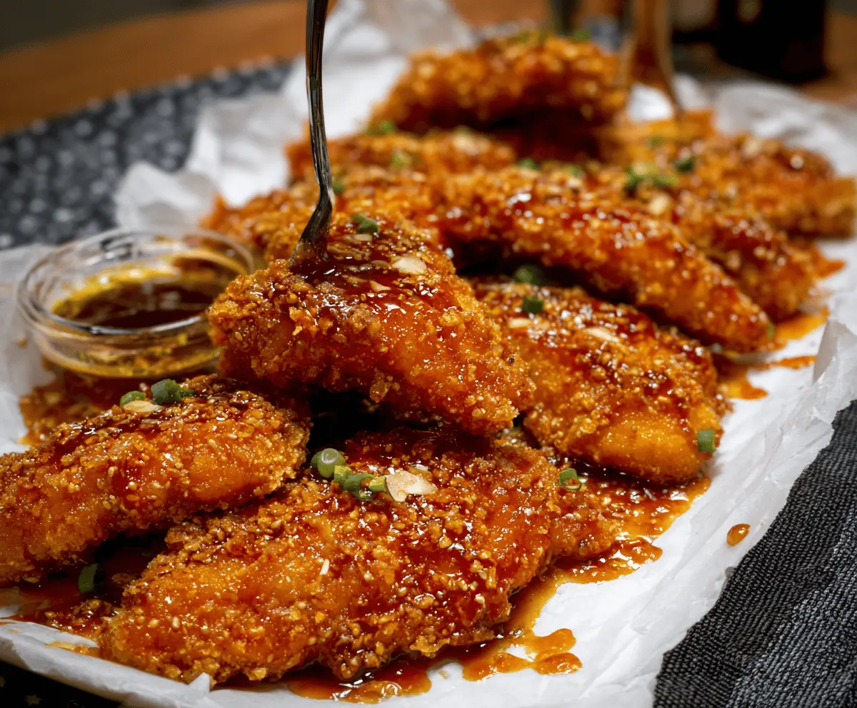 Baked crunchy hot honey chicken served on a plate with a crispy coating and drizzled with spicy honey glaze