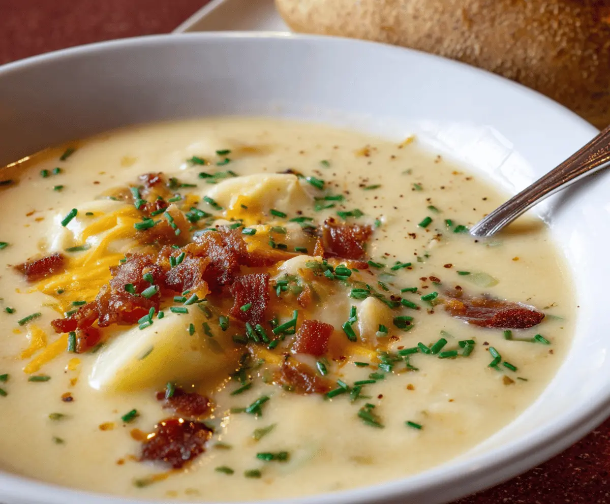 Creamy baked potato soup served in a bowl with chopped green onions and crispy bacon garnishes, perfect for a comforting meal.