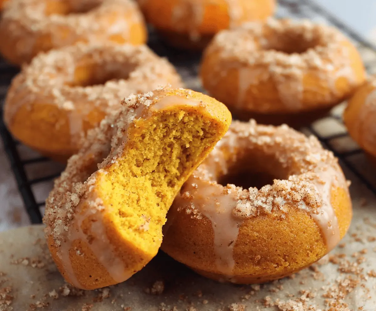 Delicious baked pumpkin cake donuts with cinnamon and glaze on a rustic plate, perfect for fall desserts
