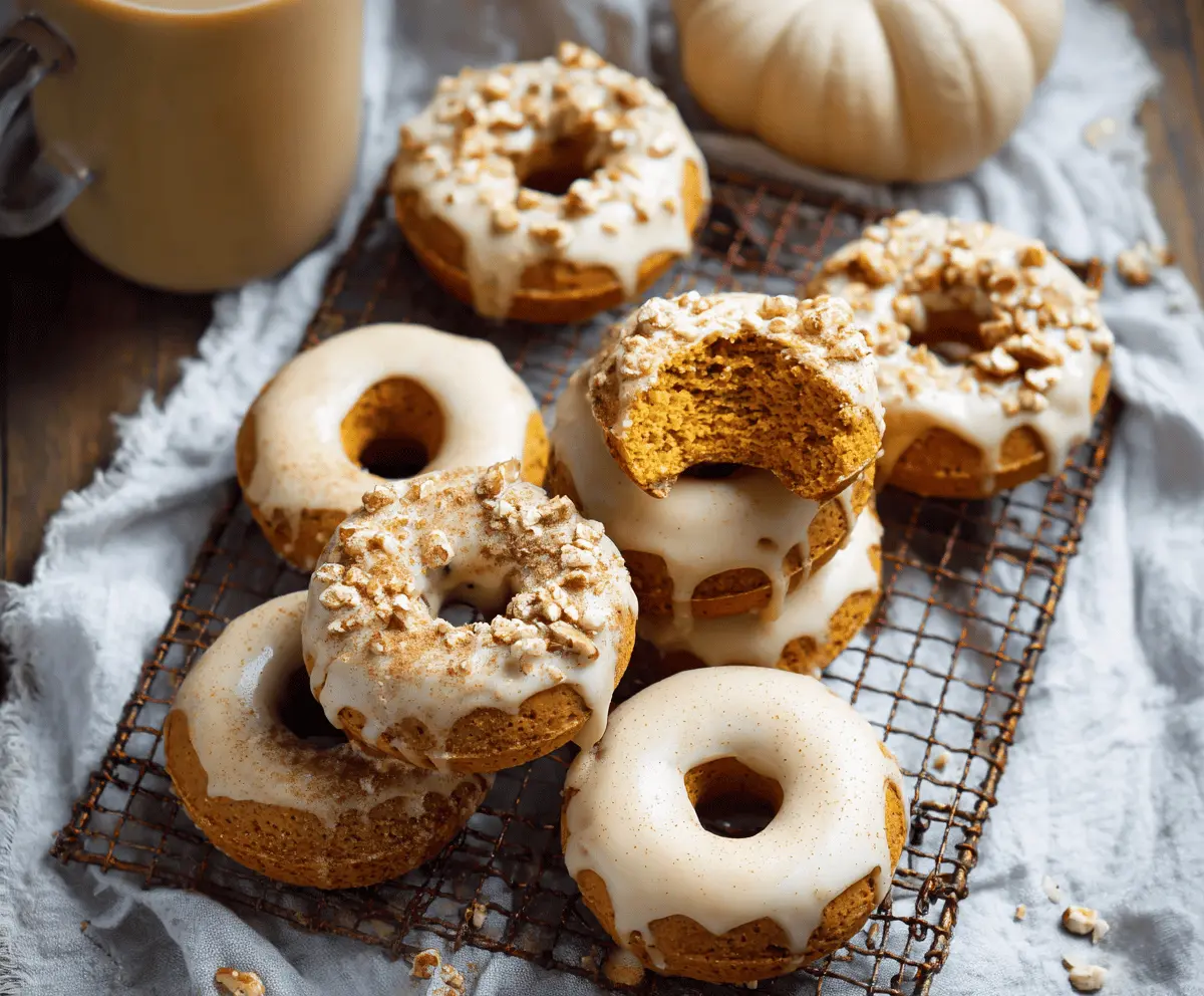 Delicious freshly baked pumpkin donuts glazed with cinnamon sugar on a rustic wooden table, perfect for fall treats