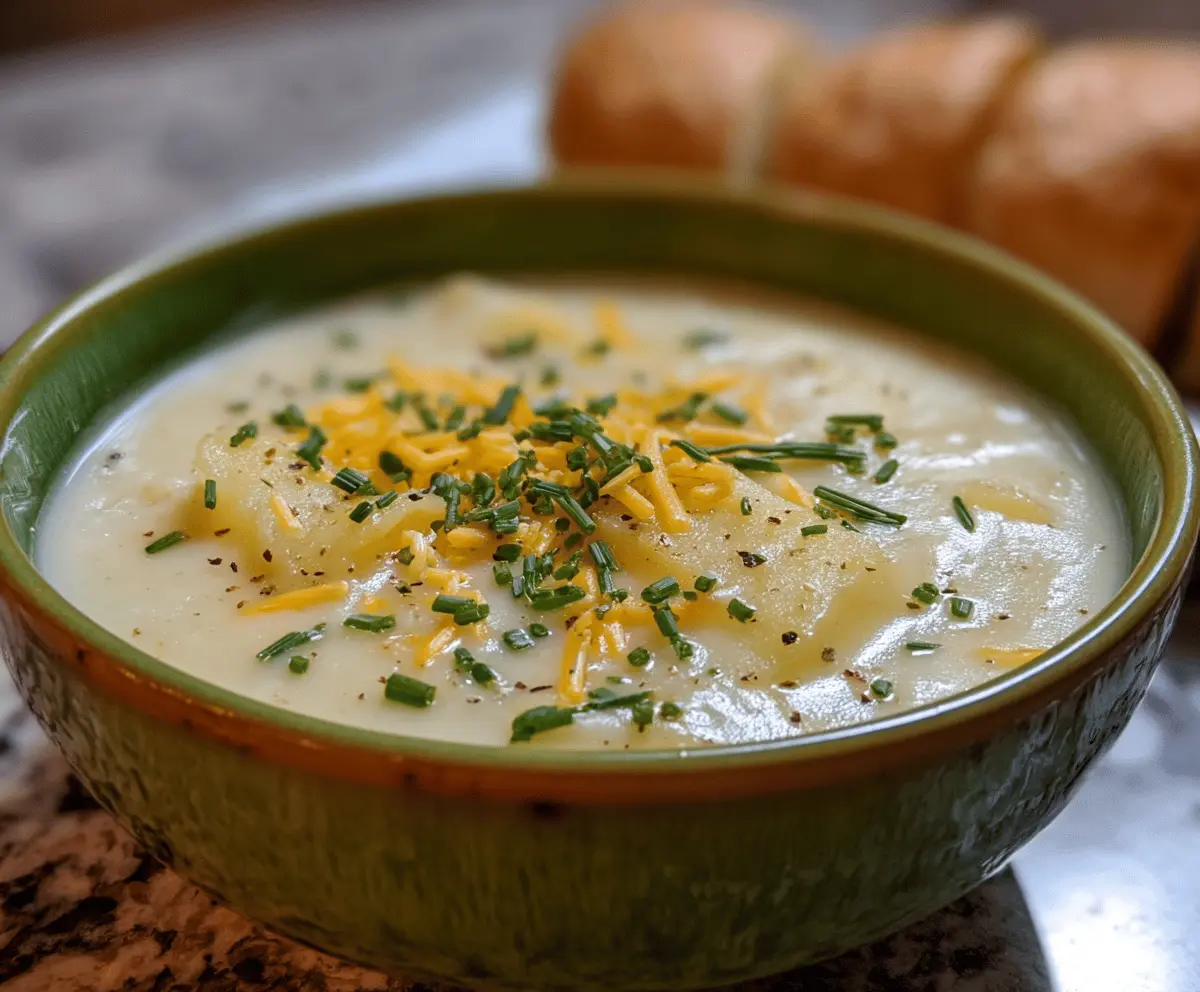 Creamy cheddar garlic herb potato soup served in a bowl with fresh herbs and crispy bread on the side, perfect for a comforting meal.