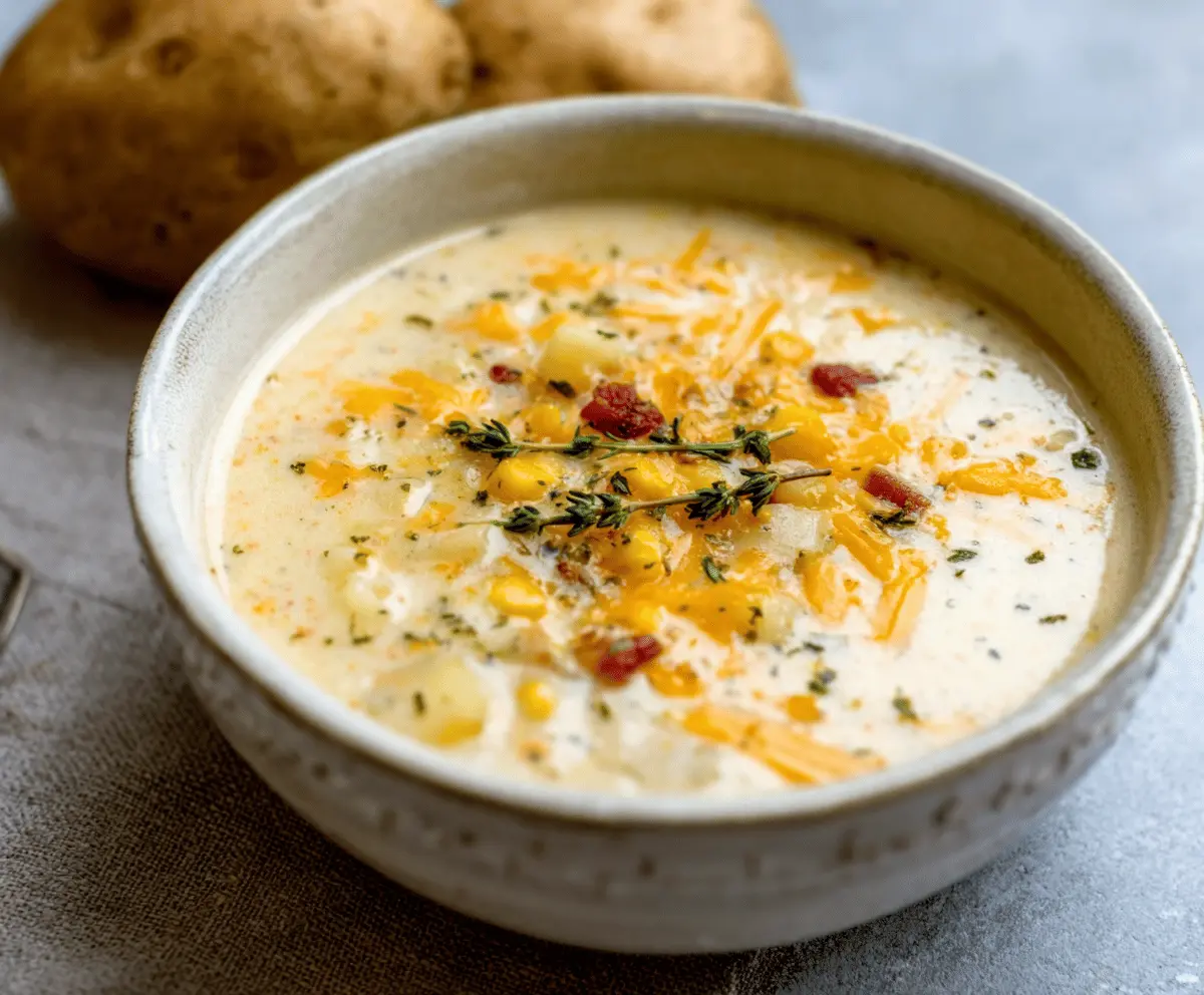 Creamy cheddar garlic herb potato soup served in a bowl with fresh herbs and melted cheese topping