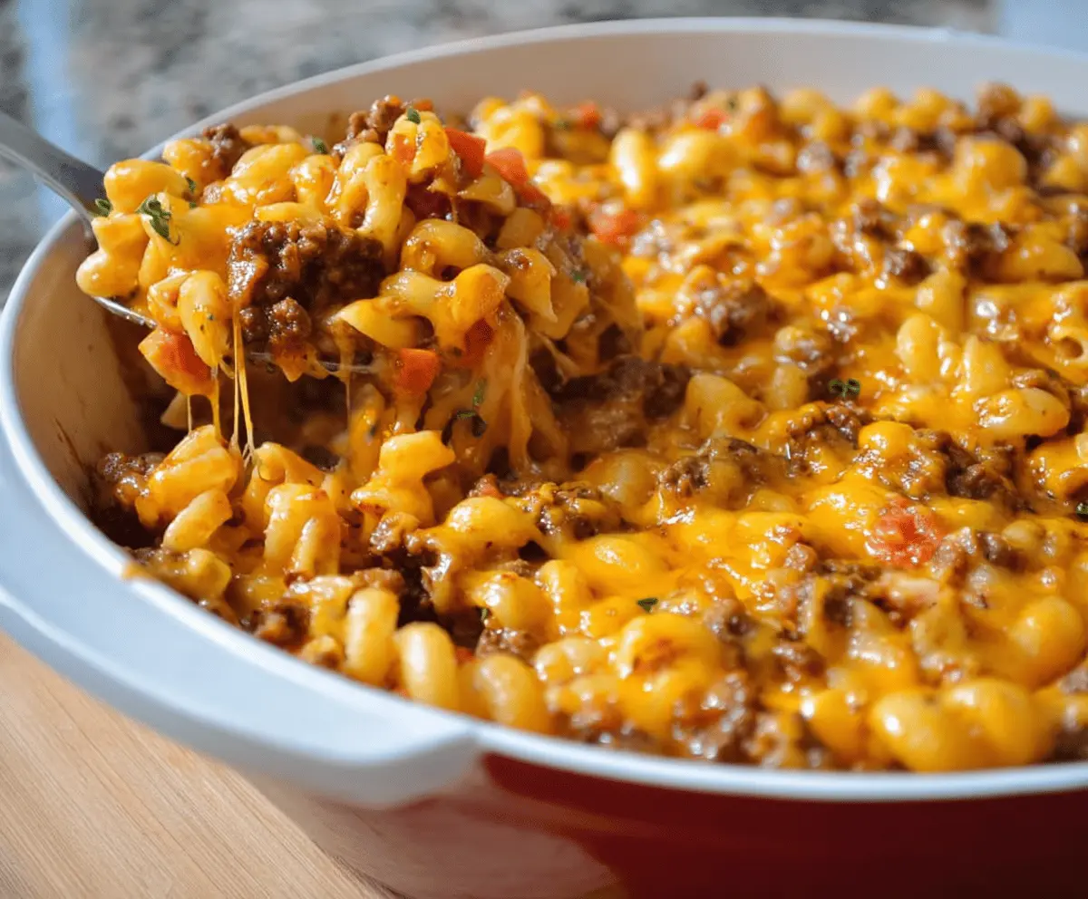 Delicious Cheesy Hamburger Casserole Bake topped with melted cheese, perfect for busy weeknights