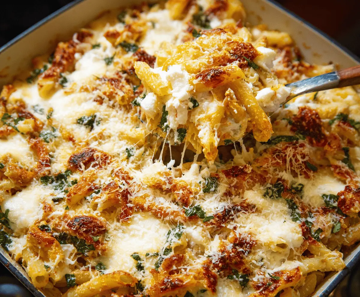 Delicious cheesy pumpkin ricotta pasta bake topped with melted cheese and fresh herbs, served hot on a white plate