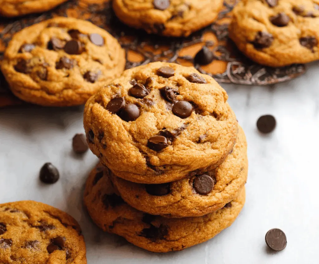Chewy pumpkin chocolate chip cookies on a baking sheet with chocolate chunks and fall spices, perfect for autumn treats