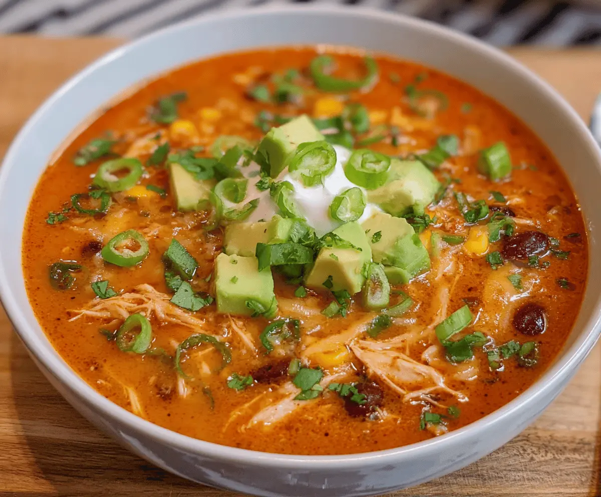 Creamy chicken enchilada soup topped with shredded cheese, sour cream, and chopped cilantro in a bowl