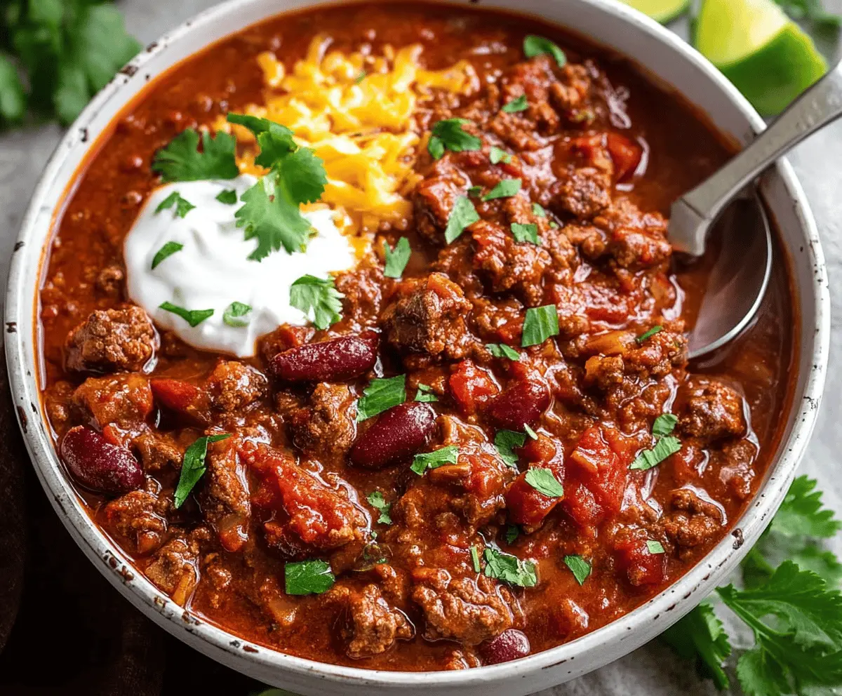 Delicious homemade chili con carne served in a bowl with shredded cheese, fresh herbs, and side of bread on a rustic table.