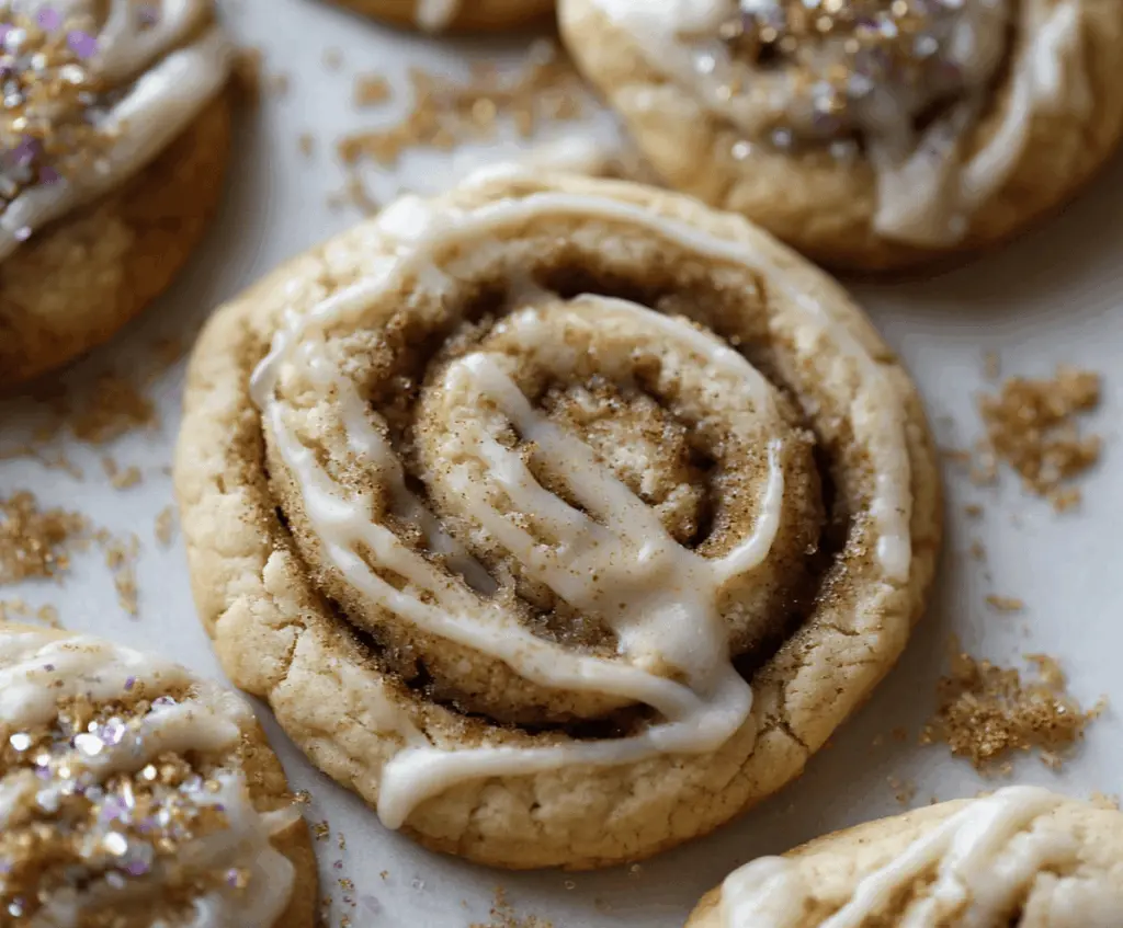 Delicious homemade cinnamon roll sugar cookies with swirled cinnamon and sugar topping, perfect for a sweet treat or holiday dessert.