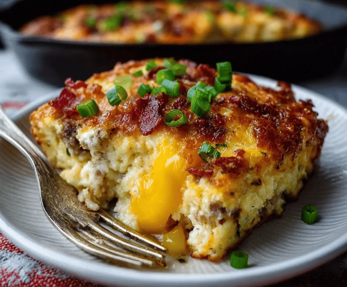 Delicious Crack Breakfast Casserole featuring eggs, cheese, sausage, and vegetables baked to perfection