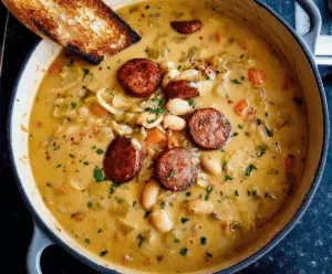 Creamy bean soup with slices of sausage garnished with fresh herbs in a bowl on a rustic wooden table