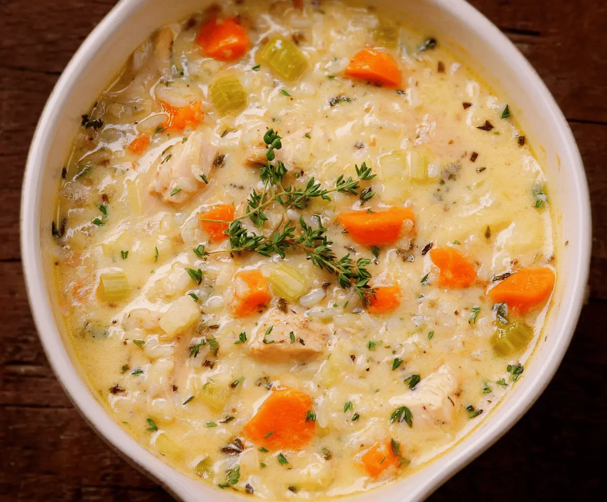 Creamy chicken and rice soup in a bowl with fresh herbs and a spoon, showcasing a comforting, hearty dish with tender chicken, rice, and creamy broth.