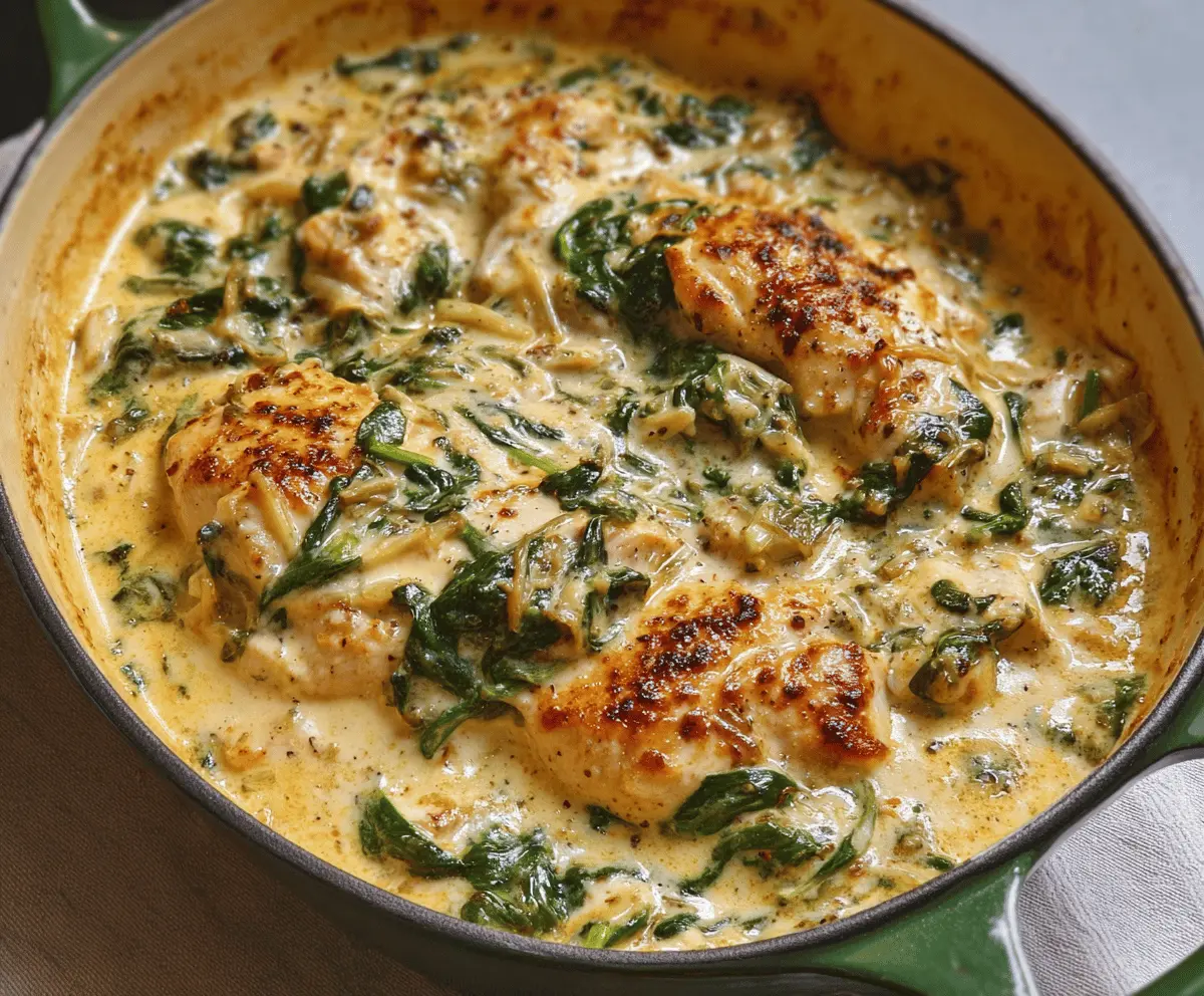 Creamy Chicken and Spinach Casserole with melted cheese and fresh herbs in a baking dish, perfect for a hearty, family-friendly dinner.