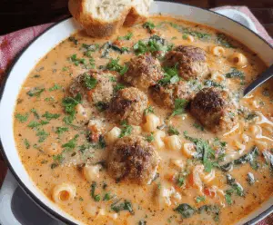 A steaming bowl of creamy Italian meatball soup garnished with fresh herbs, showcasing tender meatballs, spinach, and melted cheese in a rich, flavorful broth.