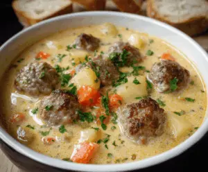 A bowl of creamy meatball soup topped with fresh herbs, featuring tender meatballs in a rich, savory broth with vegetables.