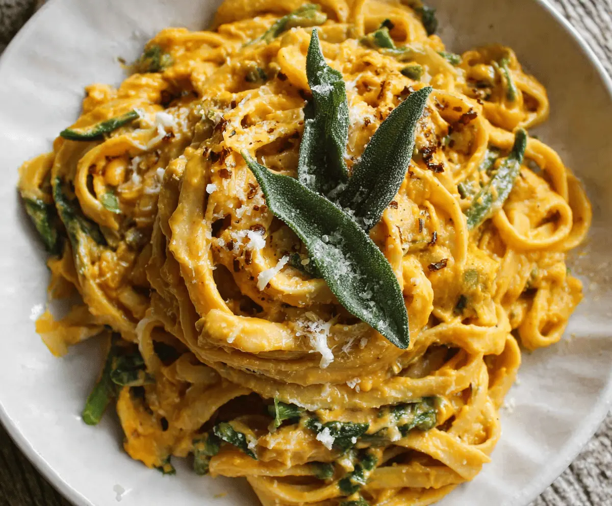 Creamy pumpkin pasta garnished with fresh herbs, served on a white plate, perfect for fall-inspired meals.