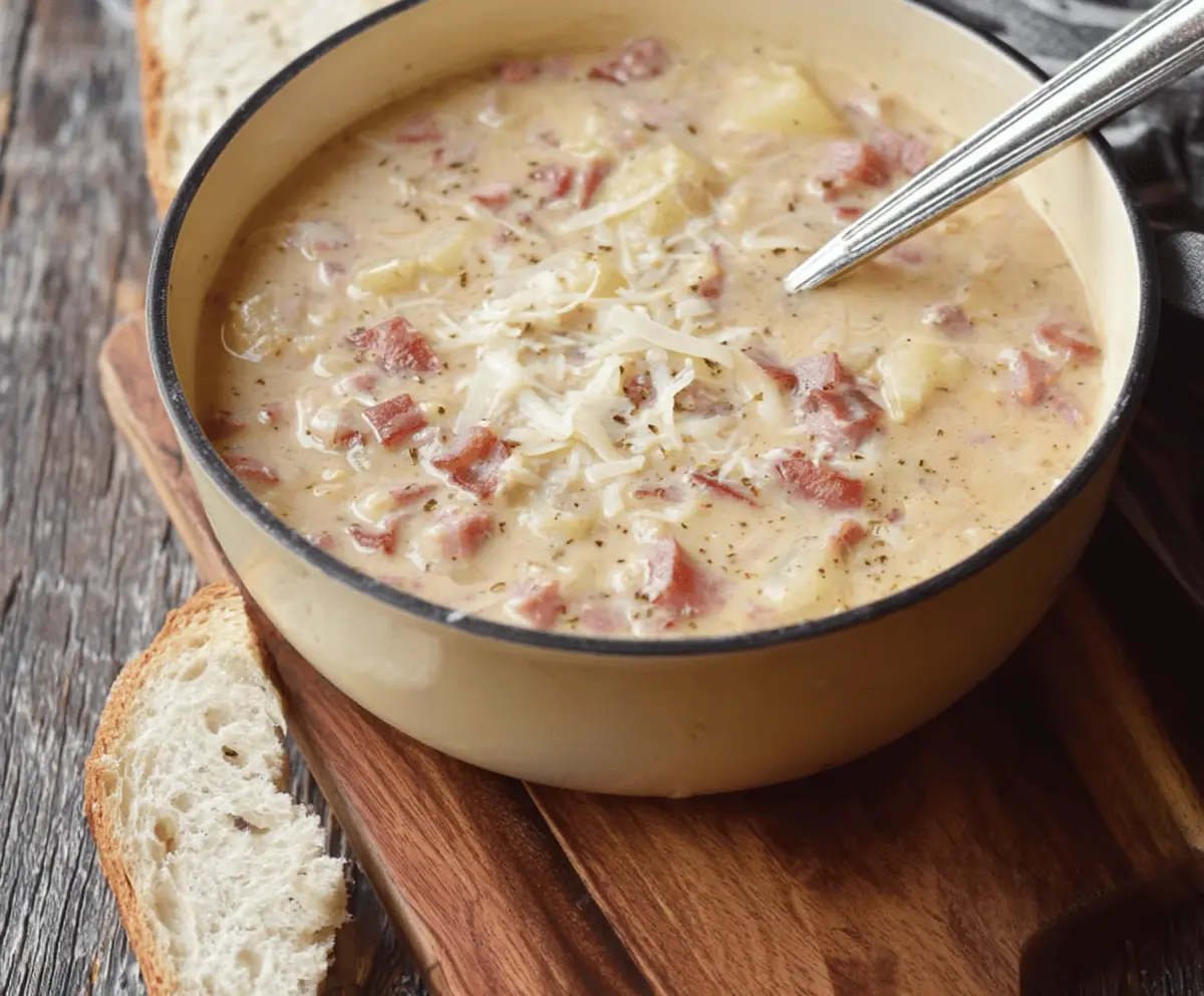 A steaming bowl of creamy Reuben soup garnished with shredded corned beef, Swiss cheese, sauerkraut, and fresh herbs, served in a white bowl on a wooden table.