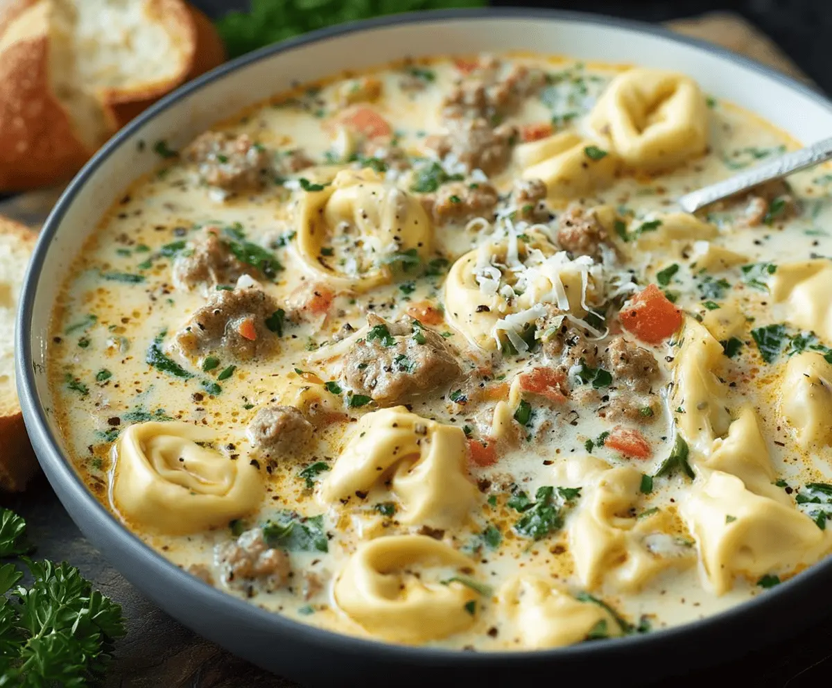 Creamy sausage and tortellini soup garnished with fresh herbs in a bowl, showcasing a hearty and flavorful dish perfect for cold days.