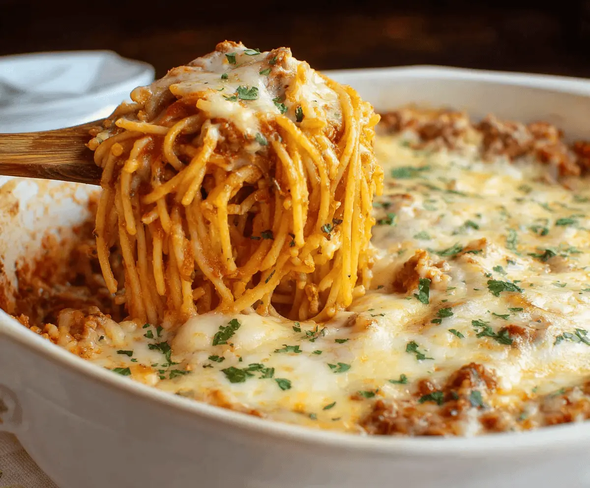 Creamy Southern Spaghetti Bake topped with melted cheese and fresh herbs, served in a casserole dish