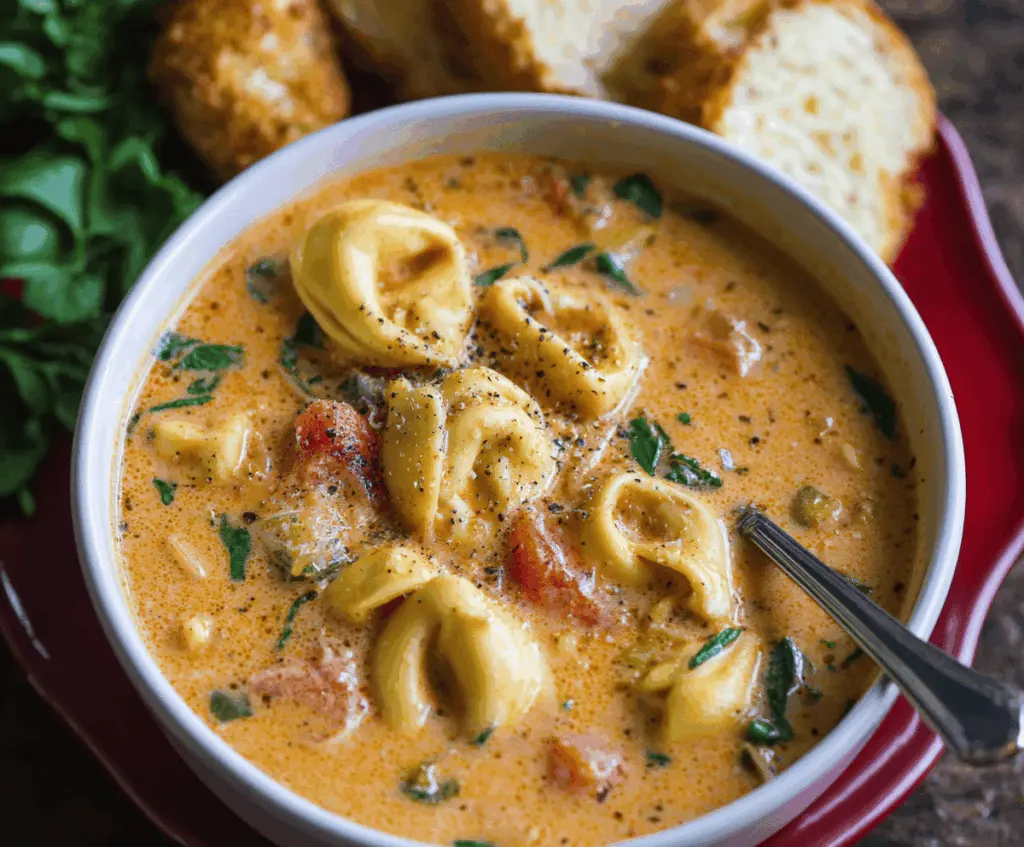 Creamy tortellini soup with fresh spinach and grated Parmesan cheese in a white bowl, served with bread on a rustic wooden table