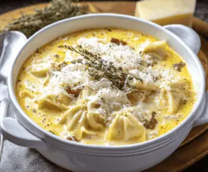 Creamy White Lasagna Soup served in a bowl with melted cheese, spinach, and herbs, garnished with fresh basil