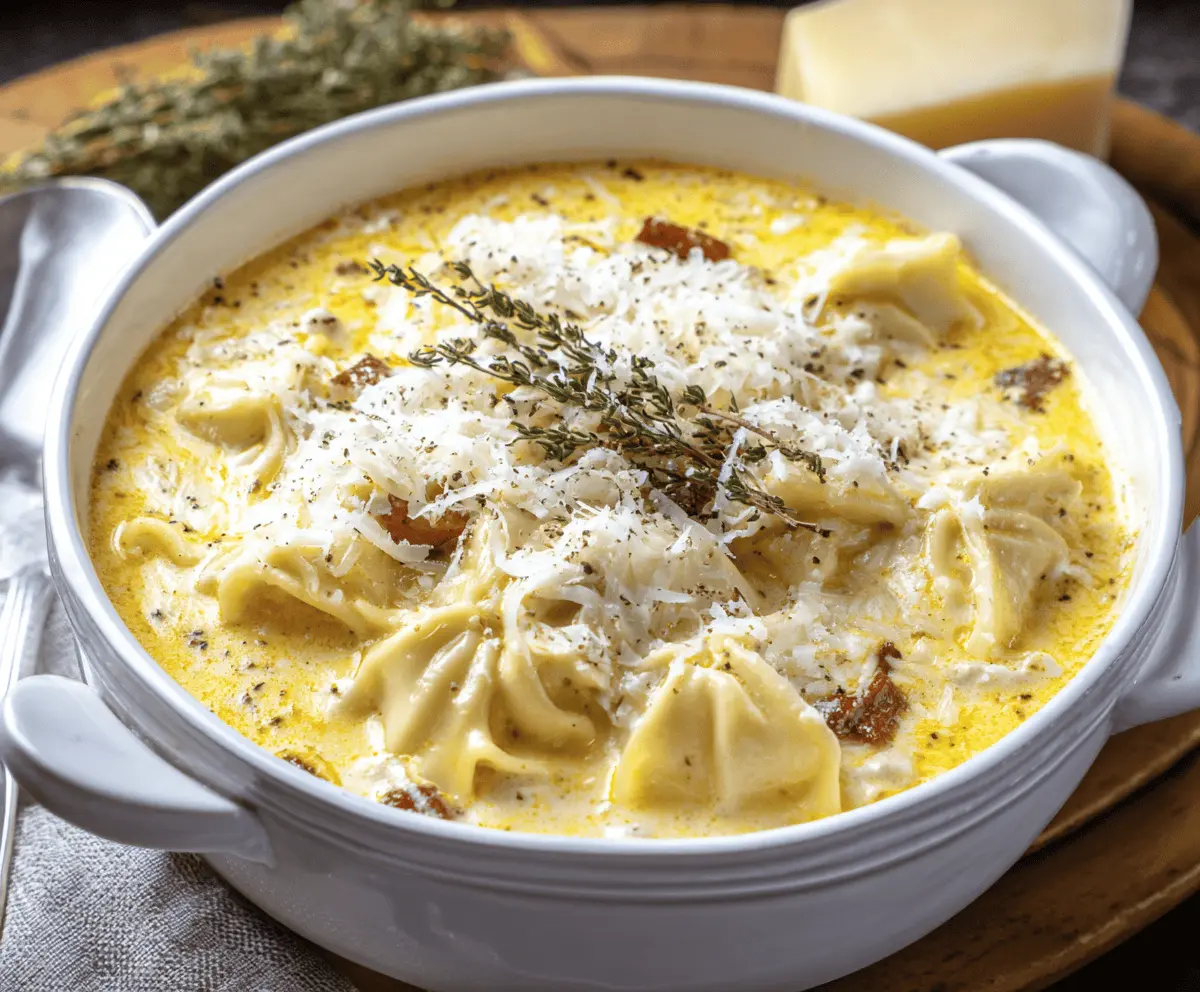 Creamy White Lasagna Soup served in a bowl with melted cheese, spinach, and herbs, garnished with fresh basil