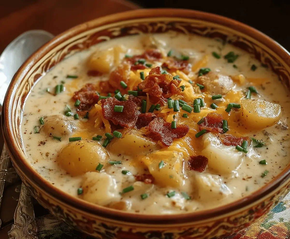 Creamy Crock Pot Crack Potato Soup in a bowl with crispy bacon and shredded cheese, perfect for a comforting homemade meal